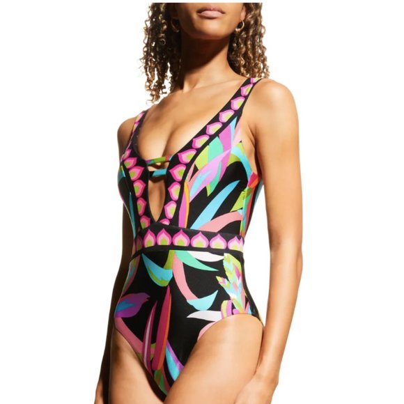 New! Trina Turk Birds of Paradise Plunge One-Piece Swimsuit Women's Size 14